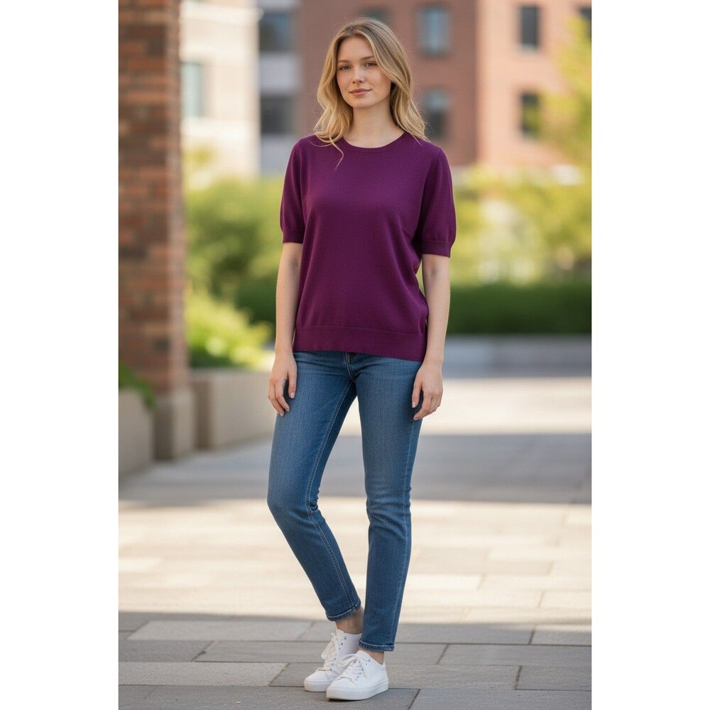Lands End Crewneck Sweater Short Sleeves Purple Cotton Blend Womens Size L 14-16
